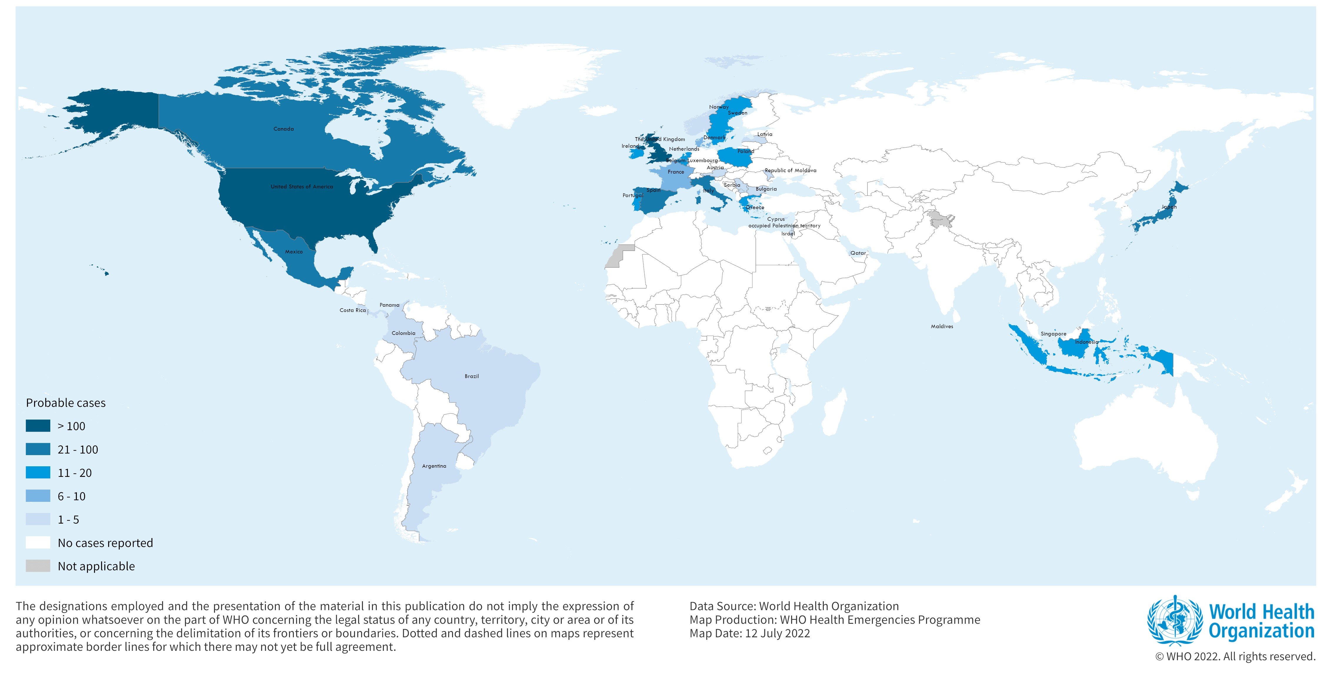 En este reporte de la OMS Costa Rica ya aparece entre 35 los países con casos probables.
Mapa: OMS