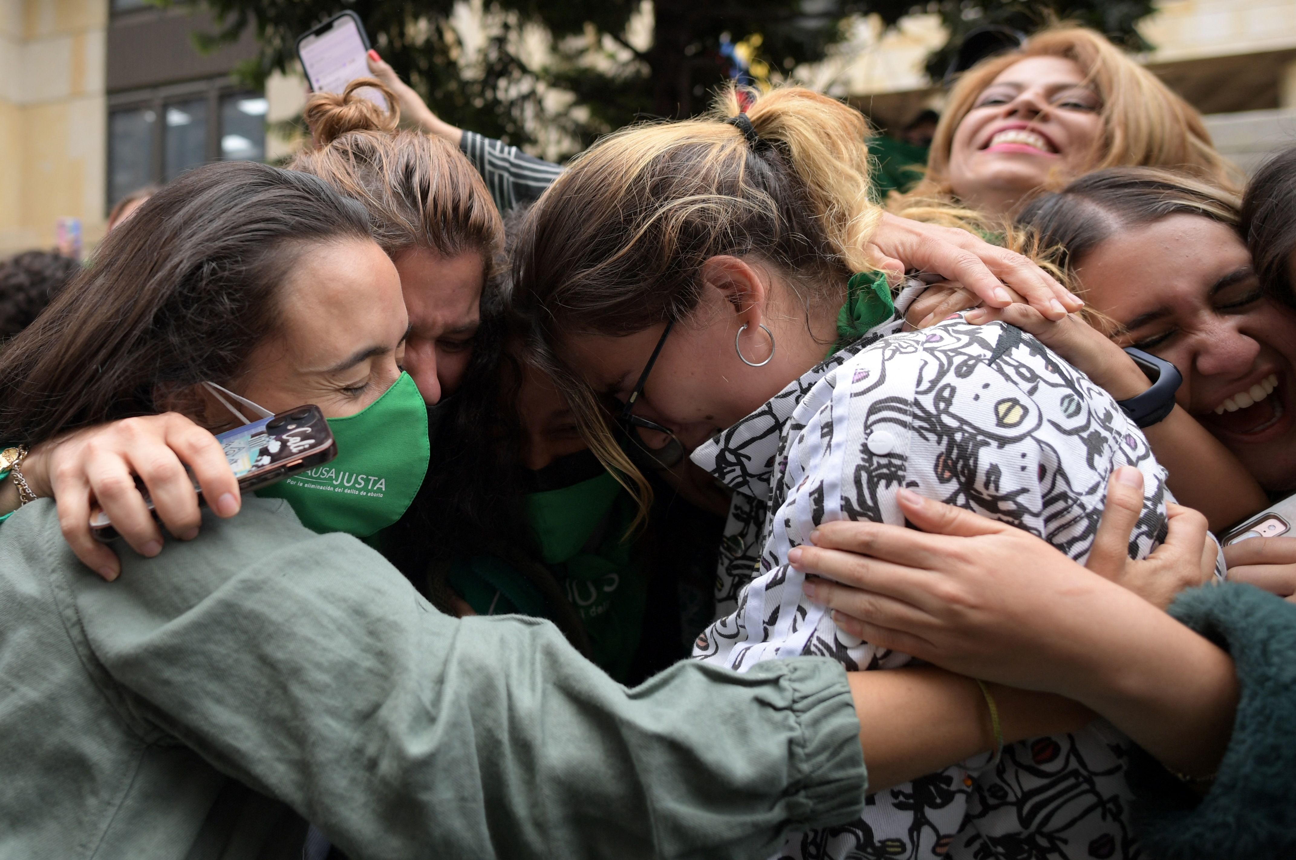 Abortion rights activists celebrate the decision of Colombia's high court to decriminalise abortion up to 24 weeks of pregnancy in Bogota, on February 21, 2022. (Photo by Raul ARBOLEDA / AFP)