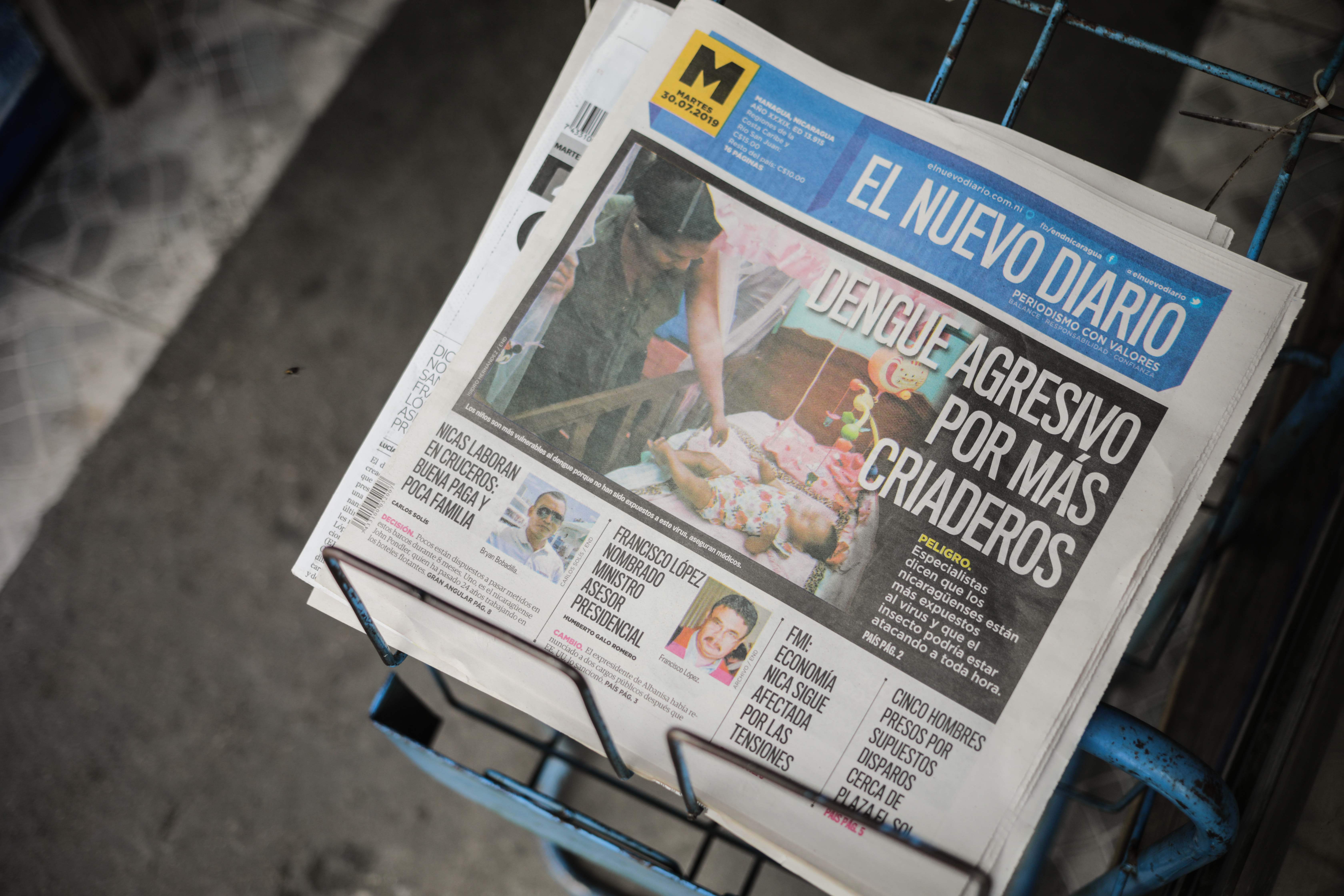 Picture showing the resized edition of Nicaragua's 'El Nuevo Diario' newspaper in Managua on July 30, 2019. - The local newspaper "El Nuevo Diario" changed the size of its publication because customs has retained a large part of its supplies in warehouses of the General Directorate of Customs (DGA)according to the information provided by the newspaper. (Photo by INTI OCON / AFP)