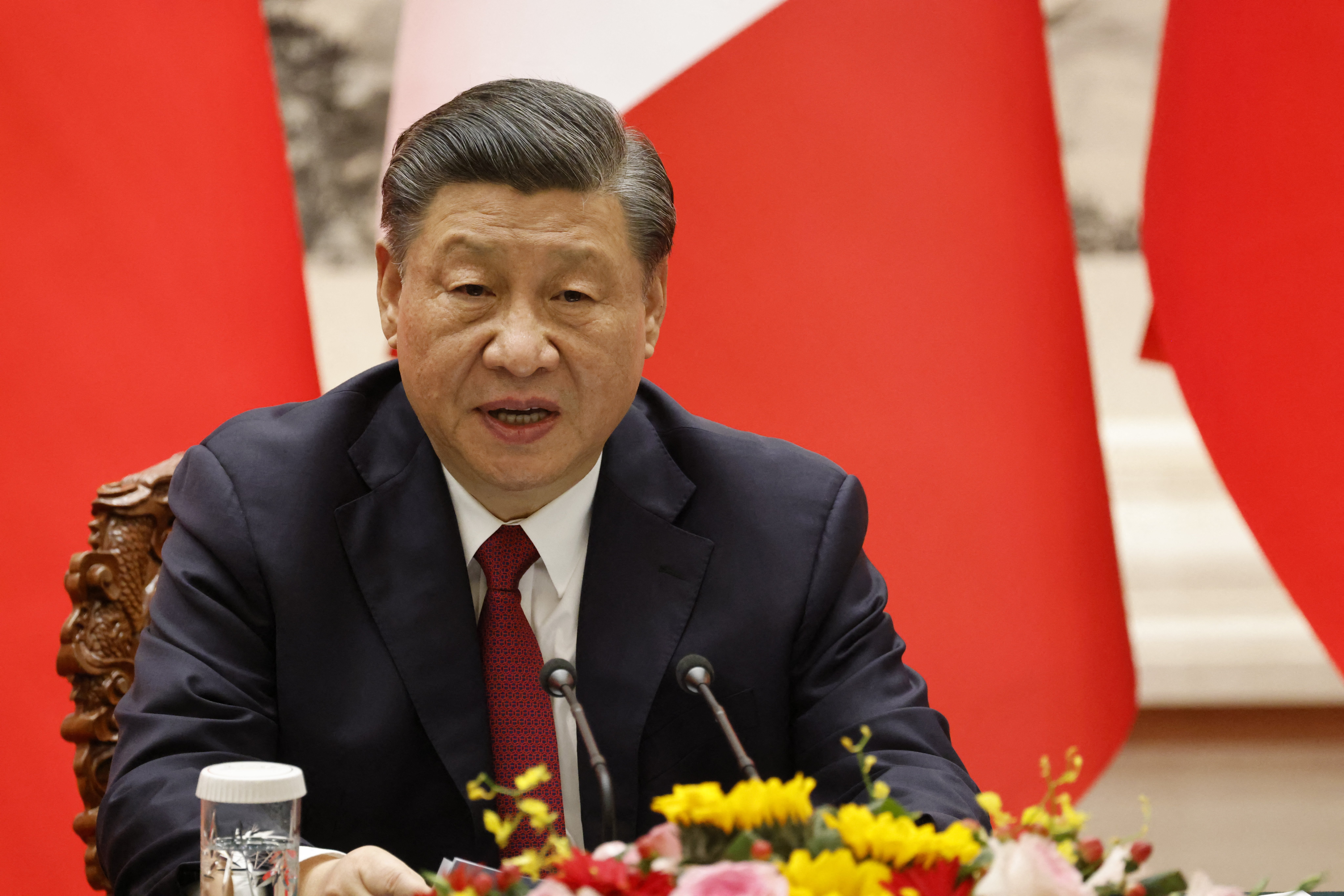 China�s President Xi Jinping attends a joint press conference with French President Emmanuel Macron (not pictured) in Beijing on April 6, 2023. (Photo by LUDOVIC MARIN / AFP)
