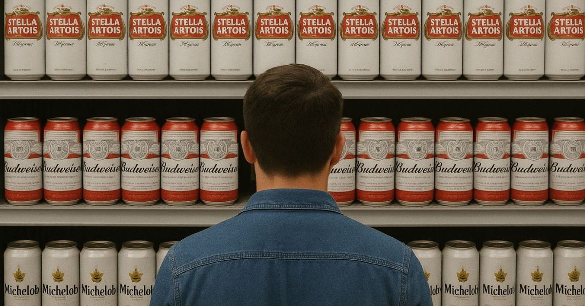 En la imagen, un consumidor observando anaqueles de supermercado. Se observan latas de Stella Artois, Corona y Budweiser