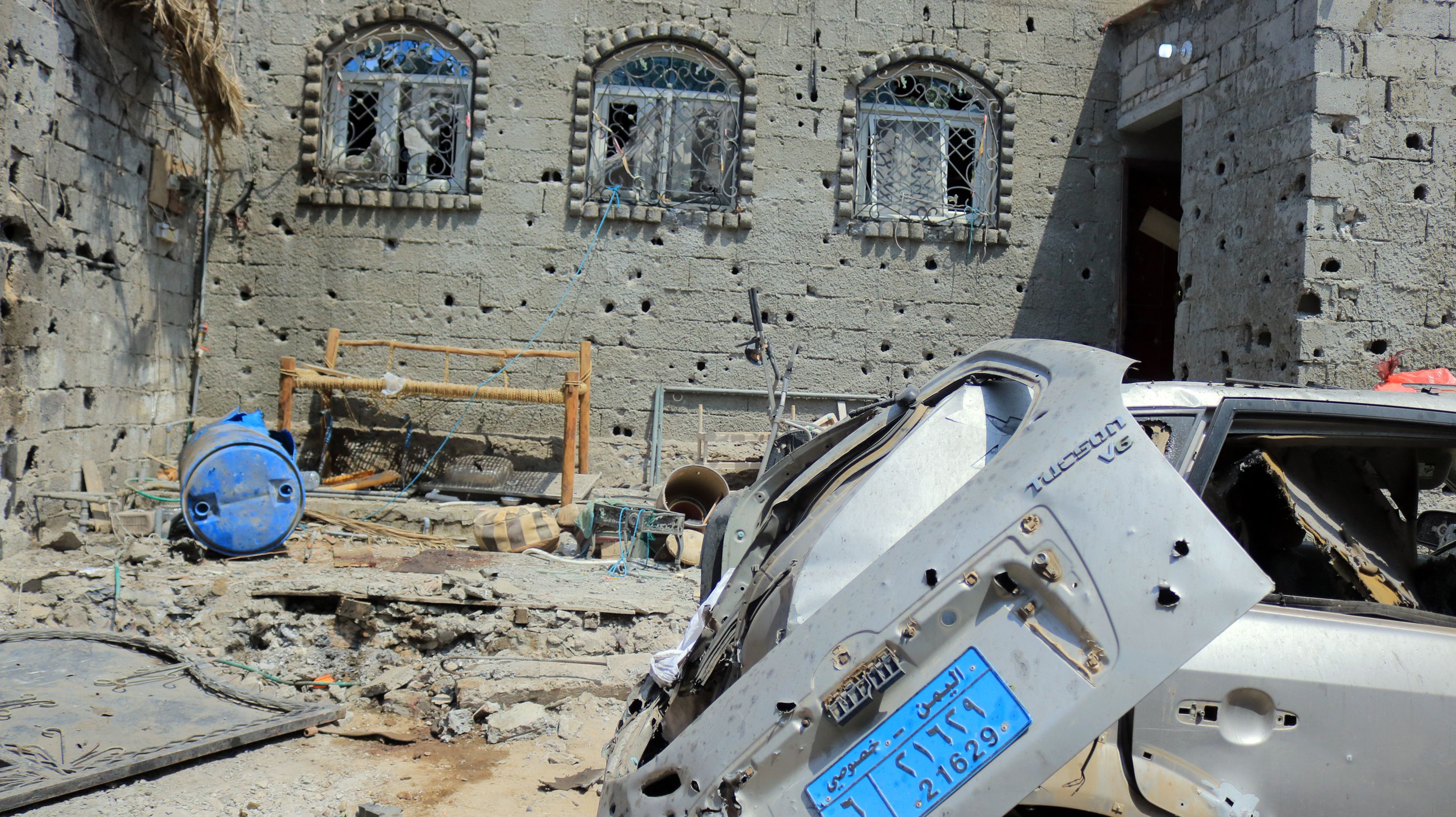 This picture taken on February 28, 2021 shows a view of the aftermath of bombardment on a home near Yemen's strategic rebel-held Red Sea port of Hodeida where several civilians including a child were killed. (Photo by - / AFP)