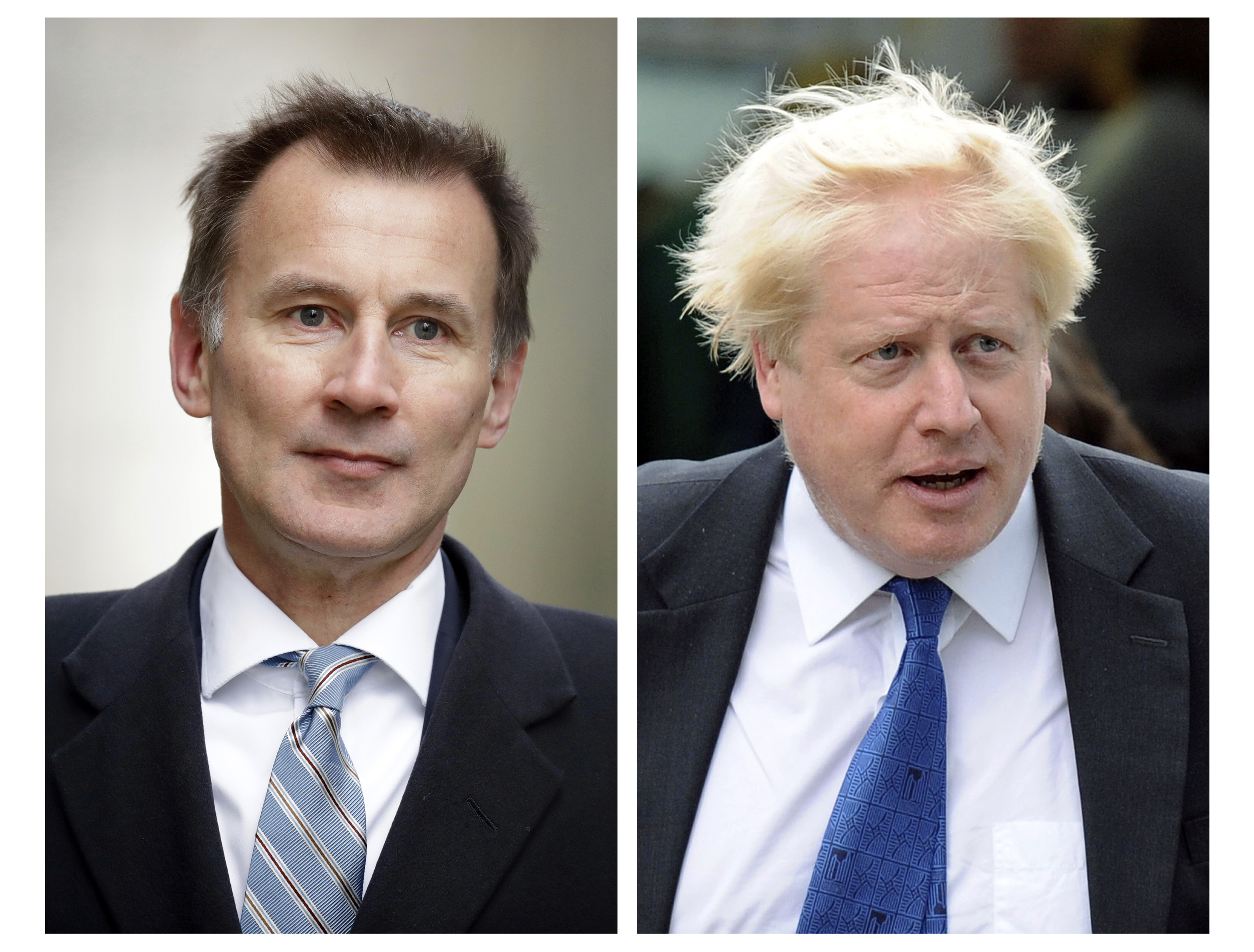 Los políticos Jeremy Hunt (izq.) y Boris Johnson son los dos últimos candidatos en la carrera por el liderazgo del Partido Conservador, el jueves 20 de junio del 2019. Foto: AP