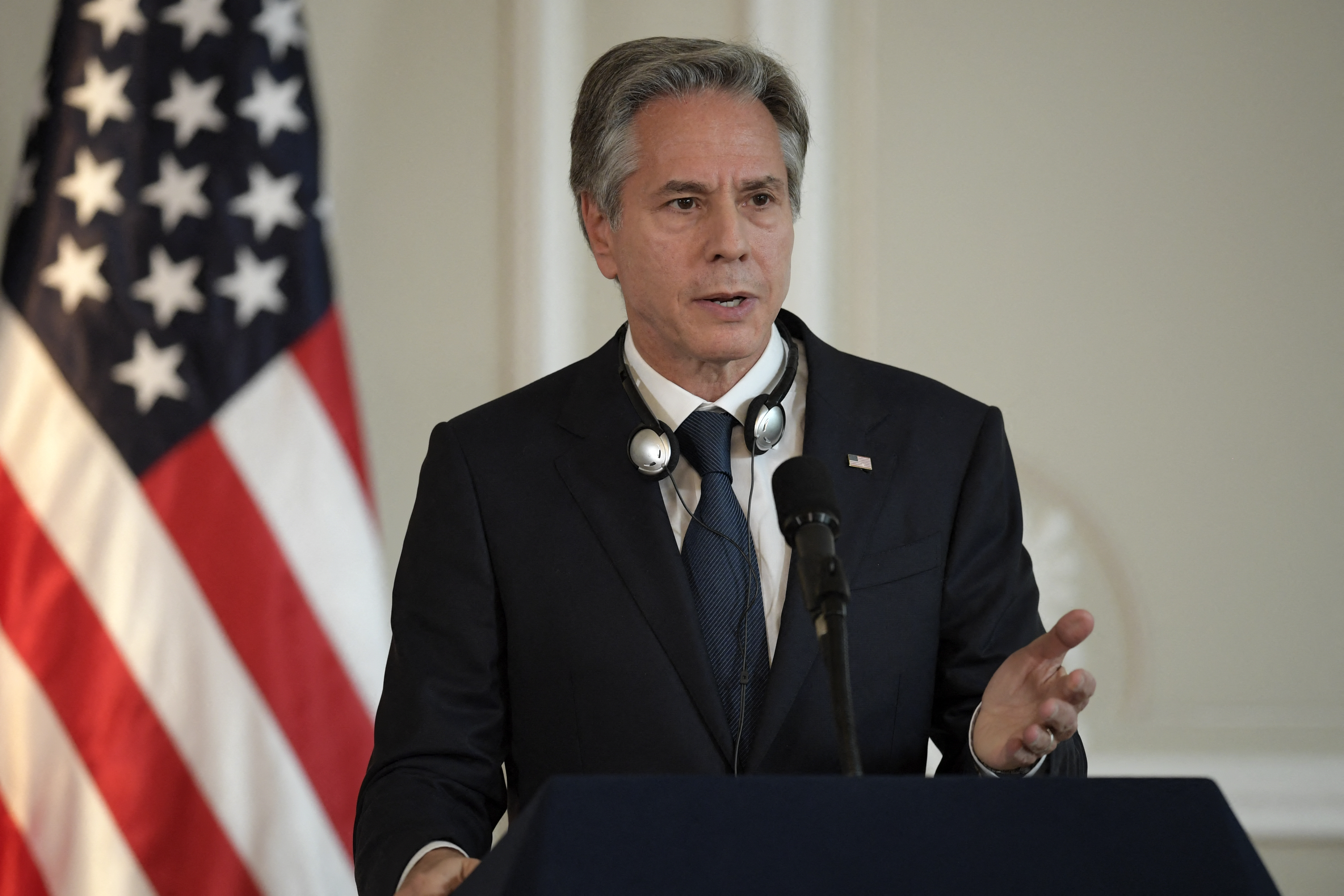 US Secretary of State Antony Blinken speaks during a joint press conference with Colombian President Gustavo Petro (out of frame) after holding a meeting at Casa Nari�o Presidential Palace in Bogota on October 3, 2022. - US Secretary of State Antony Blinken began a tour of Latin American countries on Monday in Colombia, at a time when several key regional allies have recently elected leftist presidents. (Photo by Raul ARBOLEDA / AFP)