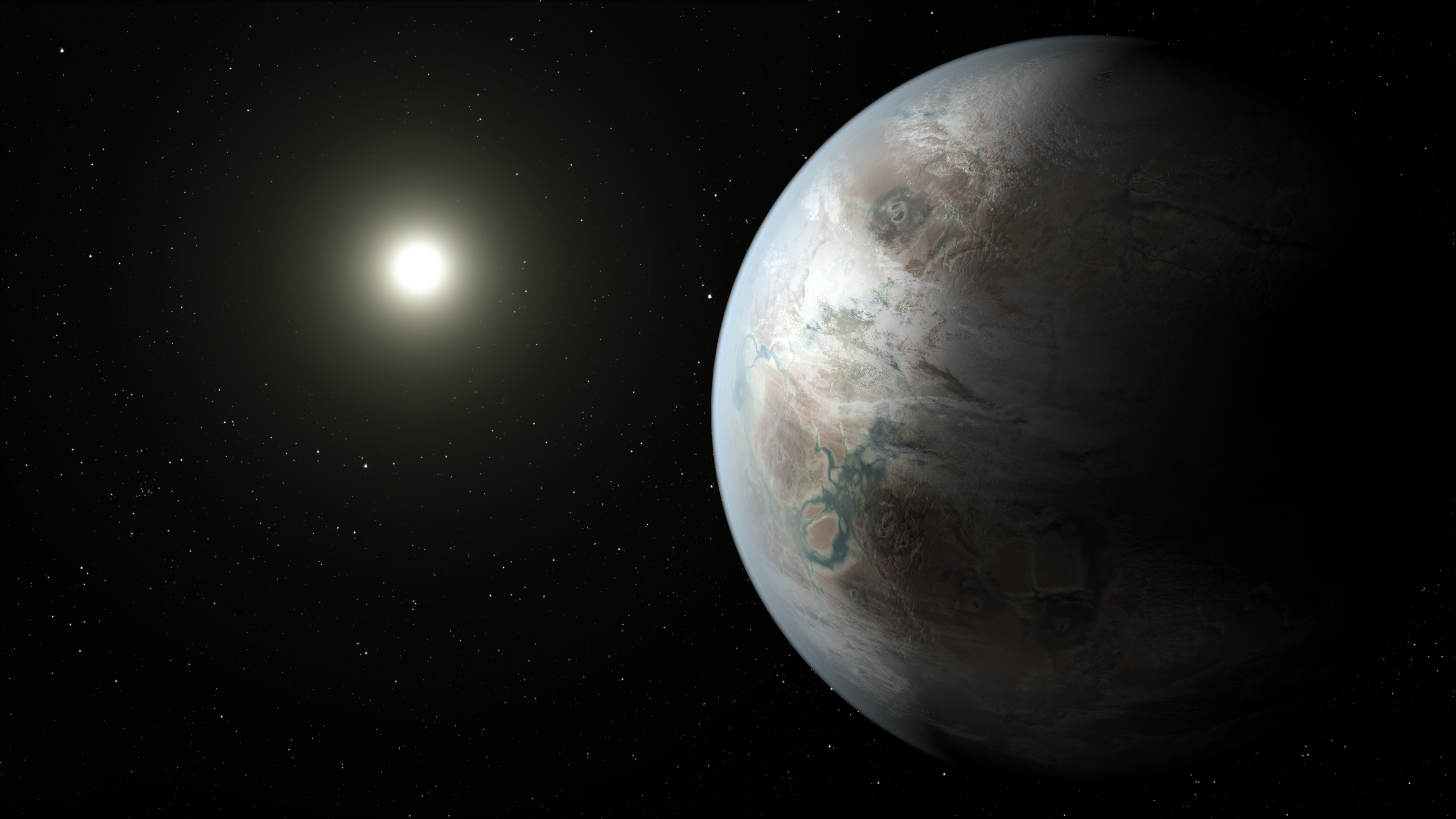 This artist rendering provided by NASA/JPL-Caltech/T. Pyle, taken in 2015, depicts one possible appearance of the planet Kepler-452b, the first near-Earth-size world to be found in the habitable zone of a star that is similar to our sun. NASA says its planet-hunting telescope has found 10 new planets outside our solar system that are likely the right size and temperature to potentially have life on them. (NASA/JPL-Caltech/T. Pyle via AP)