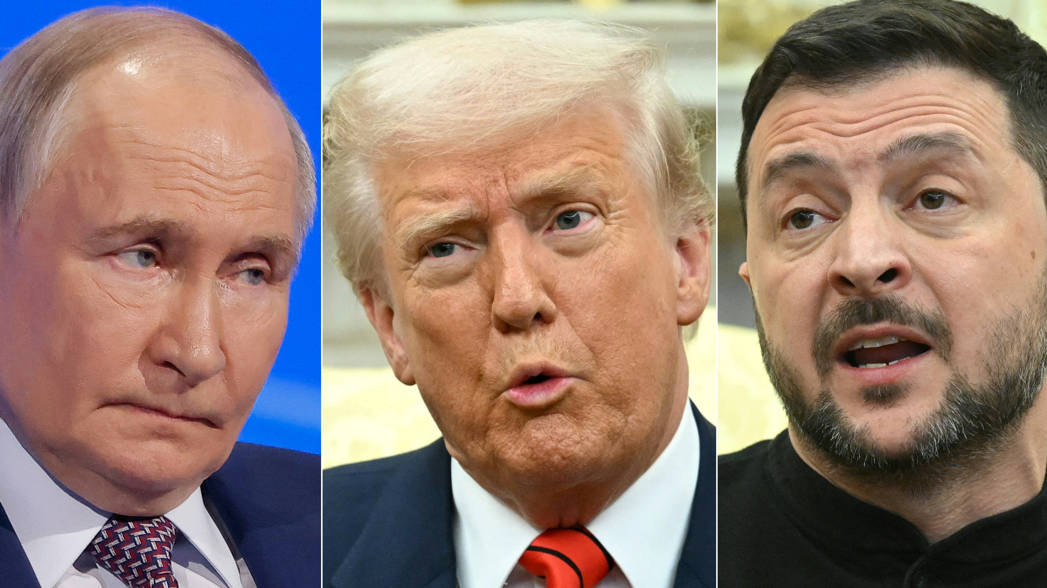 Esta combinación de imágenes creada el 18 de marzo de 2025 muestra, de izq. a der., al presidente ruso Vladimir Putin en Moscú el 18 de marzo de 2025 y al presidente estadounidense Donald Trump en la Oficina Oval de la Casa Blanca el 13 de marzo de 2025, y al presidente de Ucrania Volodymyr Zelensky en la Oficina Oval de la Casa Blanca en Washington, DC, el 28 de febrero de 2025.