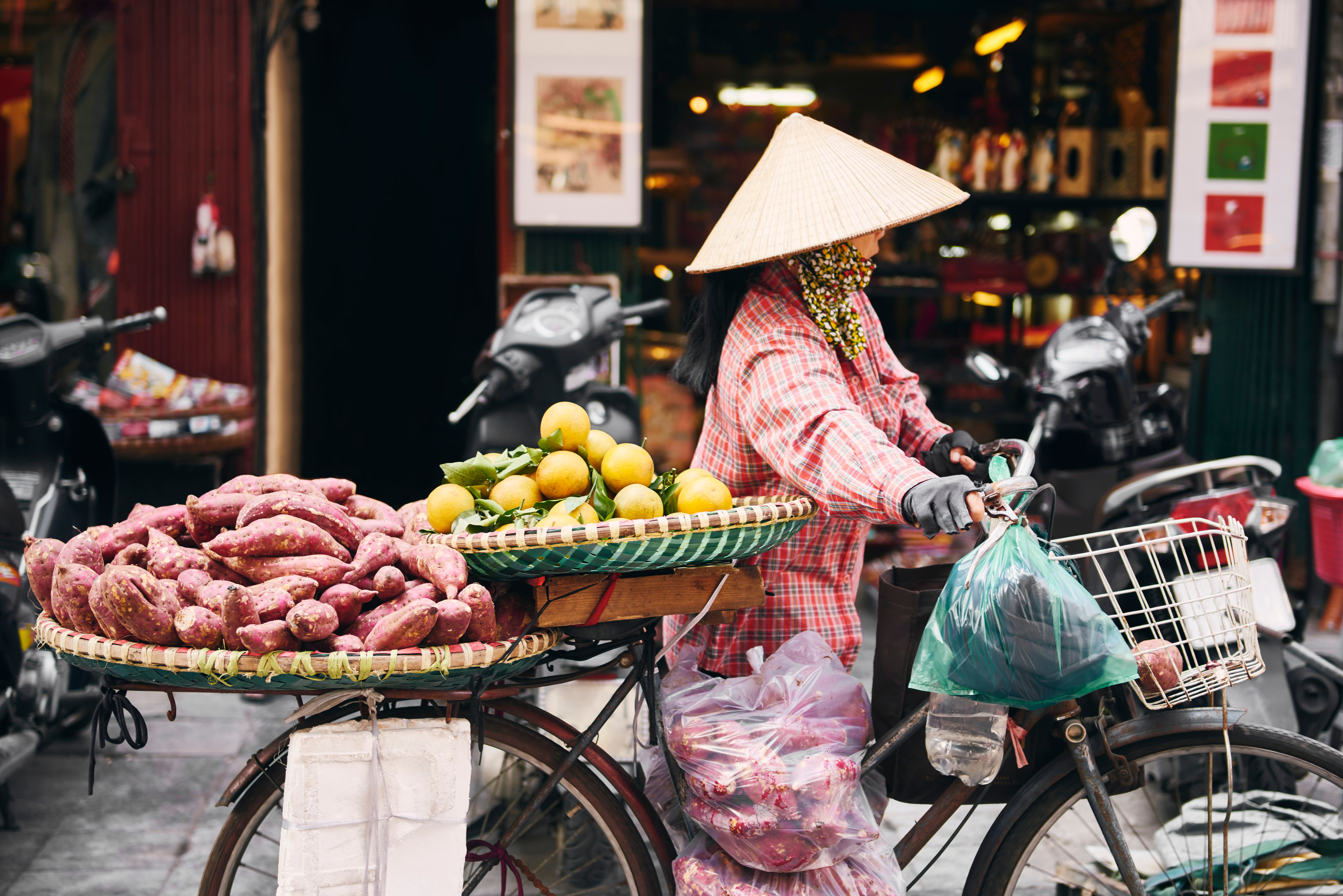 Mujer vietnamita recorre un mercado de Hanói con su bicicleta. A su alrededor, hay canastos con frutas y verduras
