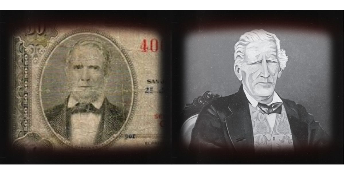 El busto de García Escalante (izquierda), el primer ministro de la Caja Nacional, se imprimió en una emisión de billetes de 50 colones del Banco Nacional, a mediados del siglo XX. Montealegre, factor de tabacos en 1821, es considerado el primer diplomático del país. Imagen: Captura de obra del autor Jorge Francisco Sáenz Carbonell, publicada por la Cancillería.