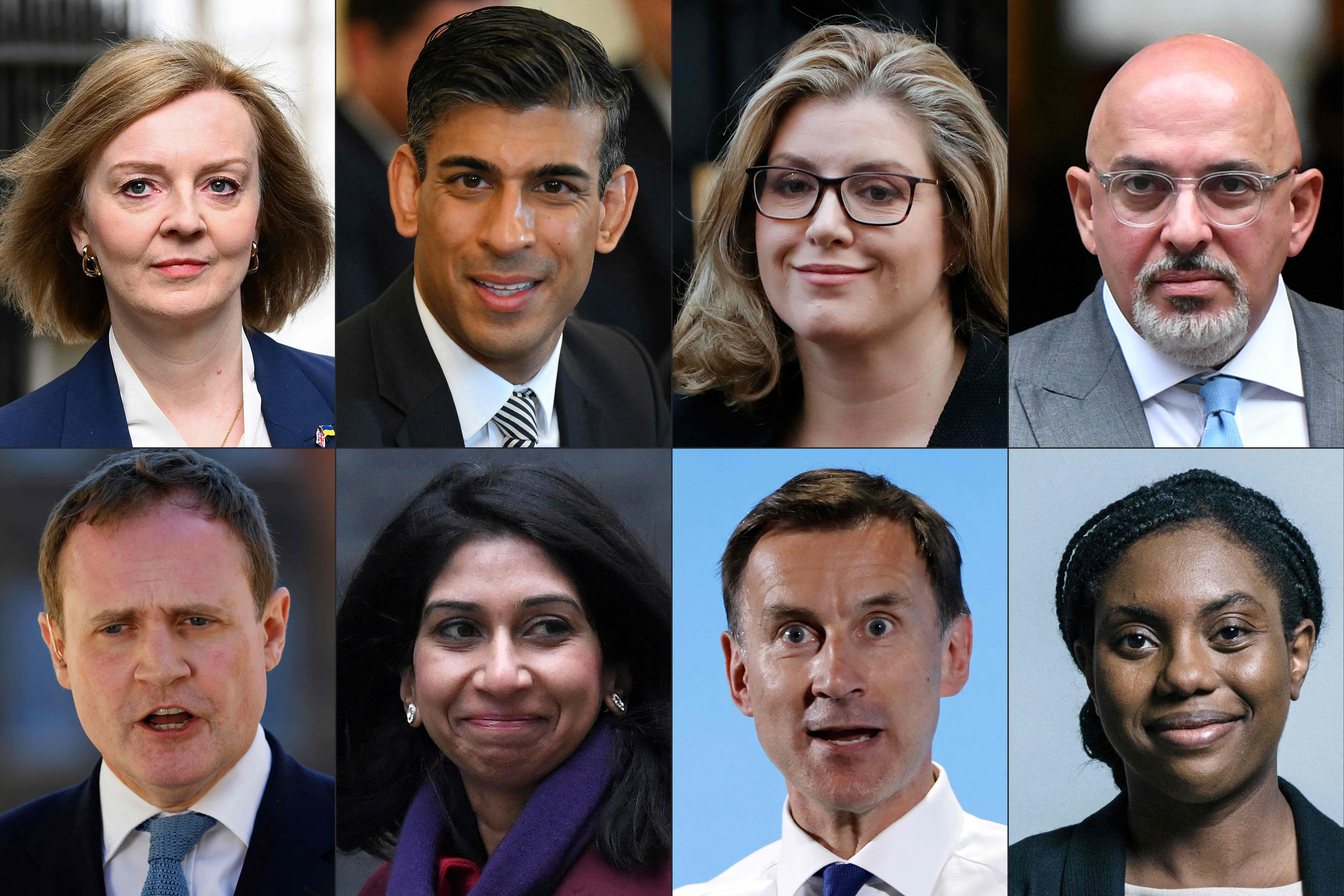 (COMBO) This combination of pictures created on July 12, 2022 shows, top row from left, Britain's Foreign Secretary Liz Truss arrives to attend the weekly Cabinet meeting at 10 Downing Street, in London, on April 19, 2022, Britain's Chancellor of the Exchequer Rishi Sunak attends a cabinet meeting at 10 Downing Street in London on May 24, 2022, Britain's International Development Secretary and Minister for Women and Equalities Penny Mordaunt arrives to attend the weekly meeting of the cabinet in Downing Street in London on October 9, 2018, and Britain's Education Secretary Nadhim Zahawi leaves Downing Street after attending a cabinet meeting in central London on October 27, 2021 before the government's annual budget announcement, and bottom row from left, Conservative politician Tom Tugendhat speaks to a TV reporter outside Millbank Studios in central London on July 11, 2022, Britain's Attorney General Suella Braverman arrives to attend the weekly Cabinet meeting at 10 Downing Street in London on January 25, 2022, Conservative MP and leadership contender Jeremy Hunt gestures as he takes part in a Conservative Party Hustings event in Maidstone, south of London, on July 11, 2019, and an undated handout photograph released by the UK Parliament shows Conservative MP for Saffron Walden, Kemi Badenoch, posing for an official portrait photograph at the Houses of Parliament in London. - Eight Conservative MPs will vie to become UK prime minister, the party announced on July 12, 2022, with frontrunner Rishi Sunak launching his campaign by saying he would not "demonise" the outgoing Boris Johnson, despite triggering his demise. Former finance minister Sunak, his successor Nadhim Zahawi, Foreign Secretary Liz Truss, former defence minister Penny Mordaunt and ex-health minister Jeremy Hunt all received the support of more than 20 MPs, the threshold required to enter the race. (Photo by various sources / AFP) / RESTRICTED TO EDITORIAL USE - NO USE FOR ENTERTAINMENT, SATIRICAL, A