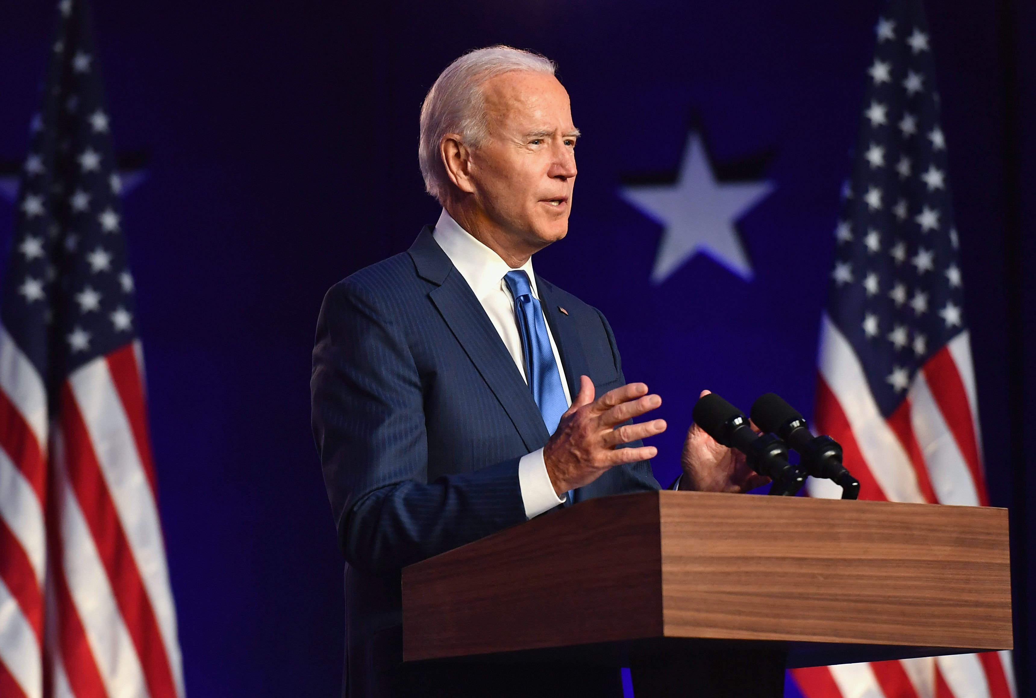 Democratic presidential nominee Joe Biden delivers remarks at the Chase Center in Wilmington, Delaware, on November 6, 2020. - Three days after the US election in which there was a record turnout of 160 million voters, a winner had yet to be declared. (Photo by Angela Weiss / AFP)