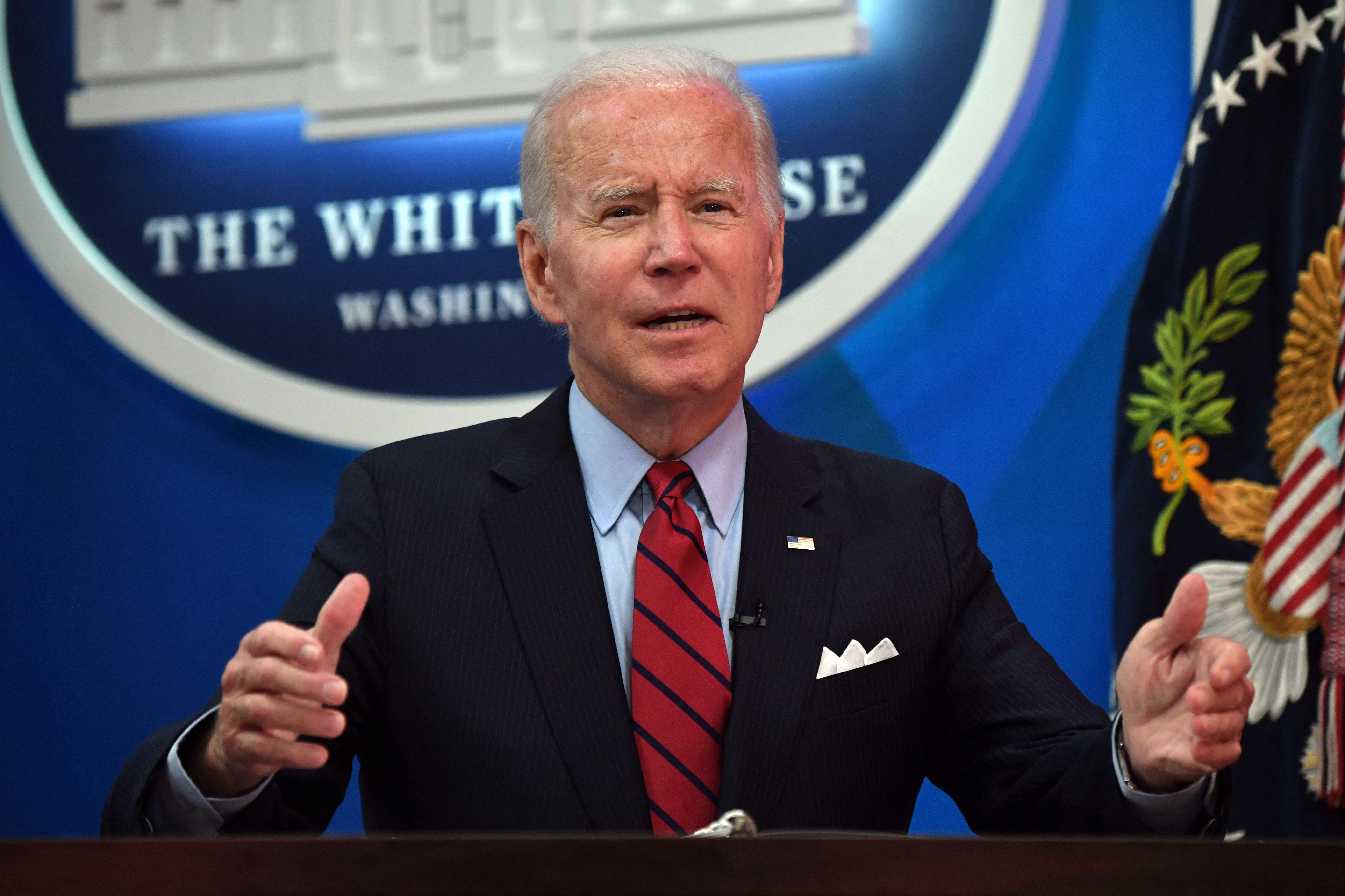 US President Joe Biden participates in a virtual meeting with Governors to discuss efforts to protect access to reproductive health care, in the South Court Auditorium at the White House campus on July 1, 2022 in Washington, DC. (Photo by Nicholas Kamm / AFP)