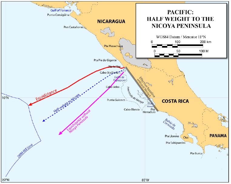 El gobierno de Nicaragua eliminó la Península de Nicoya del mapa de Costa Rica en el juicio que se lleva en la Corte de La Haya, para discuten los límites marítimos entre ambos países. Este es uno de los mapas que los nicaragüenses enviaron a los jueces.