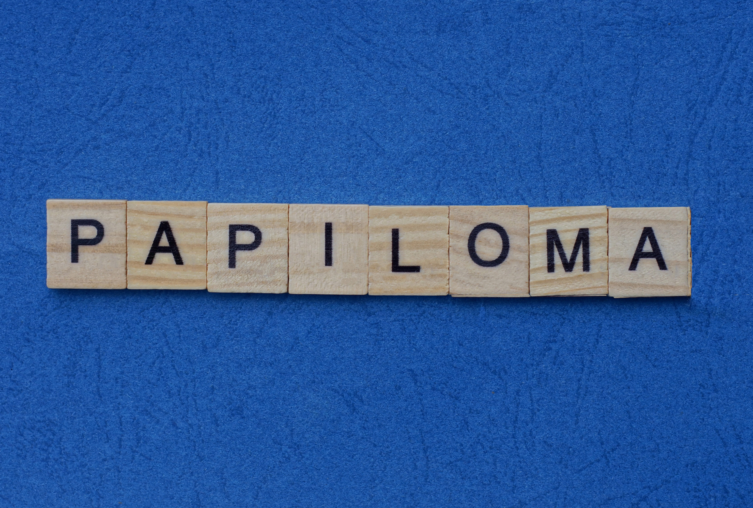 gray word papilloma from small wooden letters on a blue table