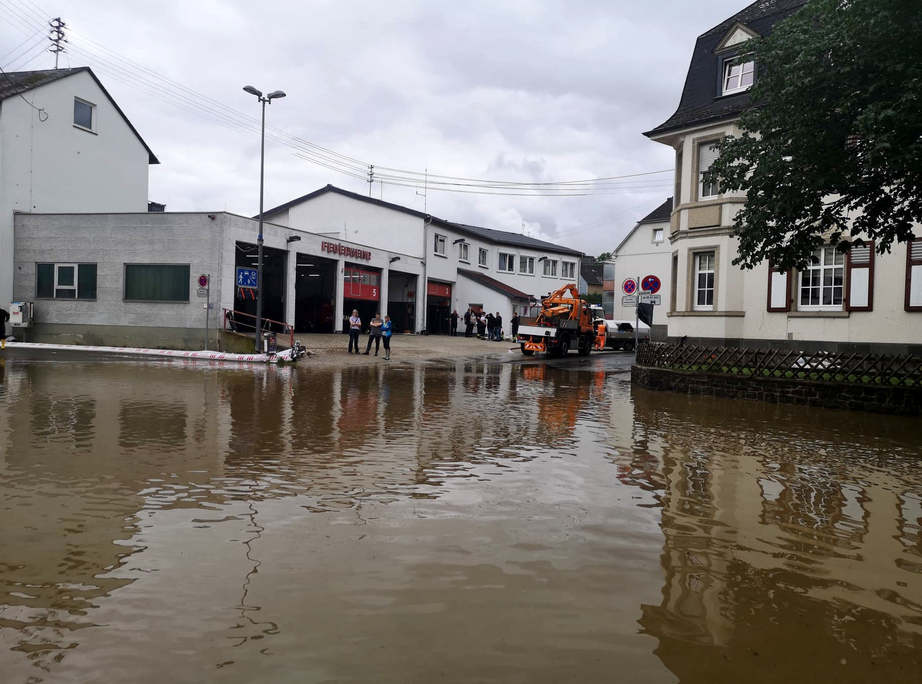 A flooded street is pictured in Mayen, western Germany, on July 15, 2021. - Heavy rains and floods lashing western Europe have killed at least 20 people in Germany and left around 50 missing, as rising waters led several houses to collapse. (Photo by Michelle FITZPATRICK / AFP)