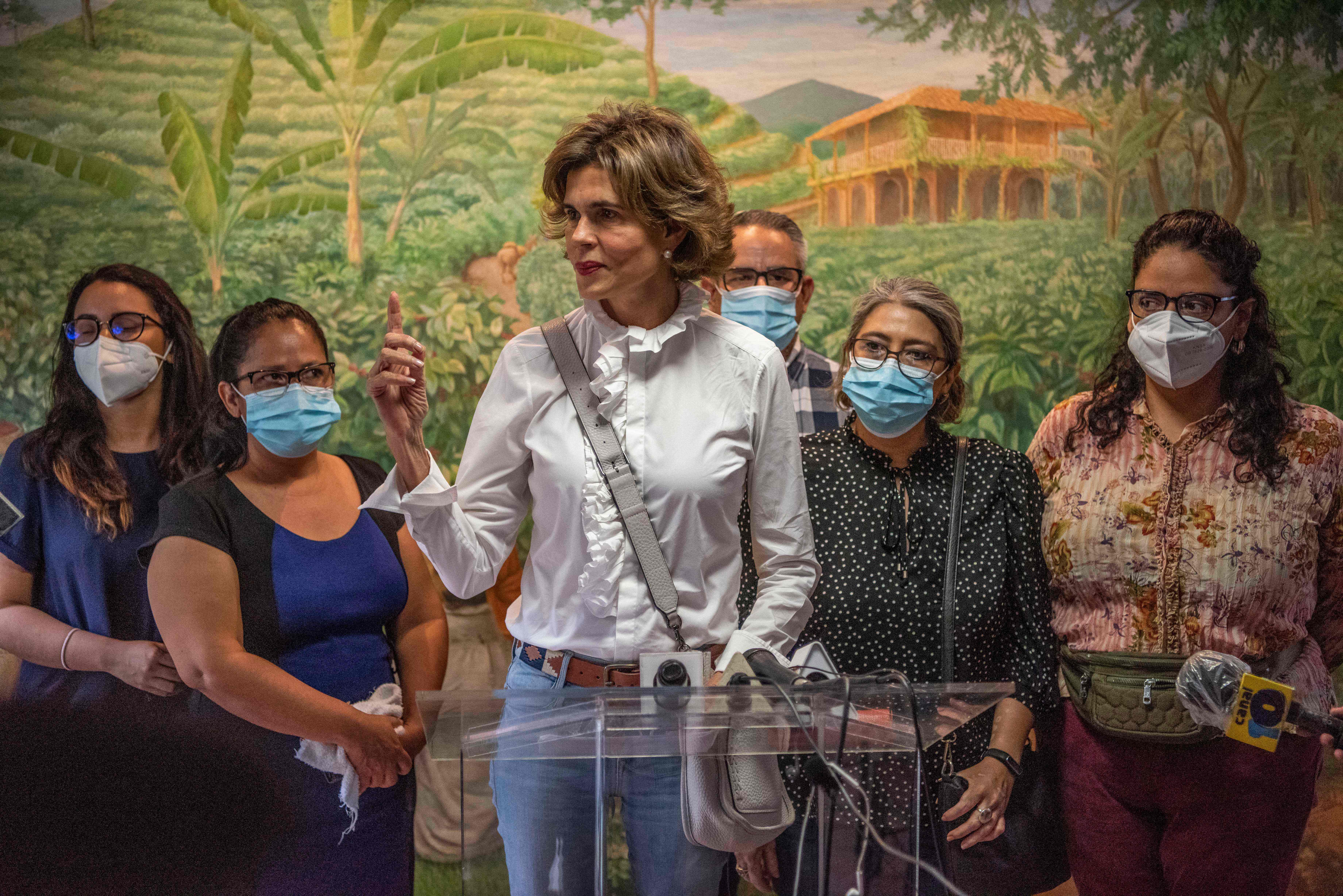 Cristiana Chamorro, former director of the Violeta Barrios de Chamorro Foundation and pre-presidential candidate, gives a press conference after the detention of two of her former employees by the national police and their retention for 90 days for alleged laundering of assets, in Managua on May 31, 2021. - The government of Daniel Ortega increased its siege of the opposition and the independent media with legal and police actions in order to pave the way for his reelection in November, according to human rights organizations. (Photo by Inti OCON / AFP)