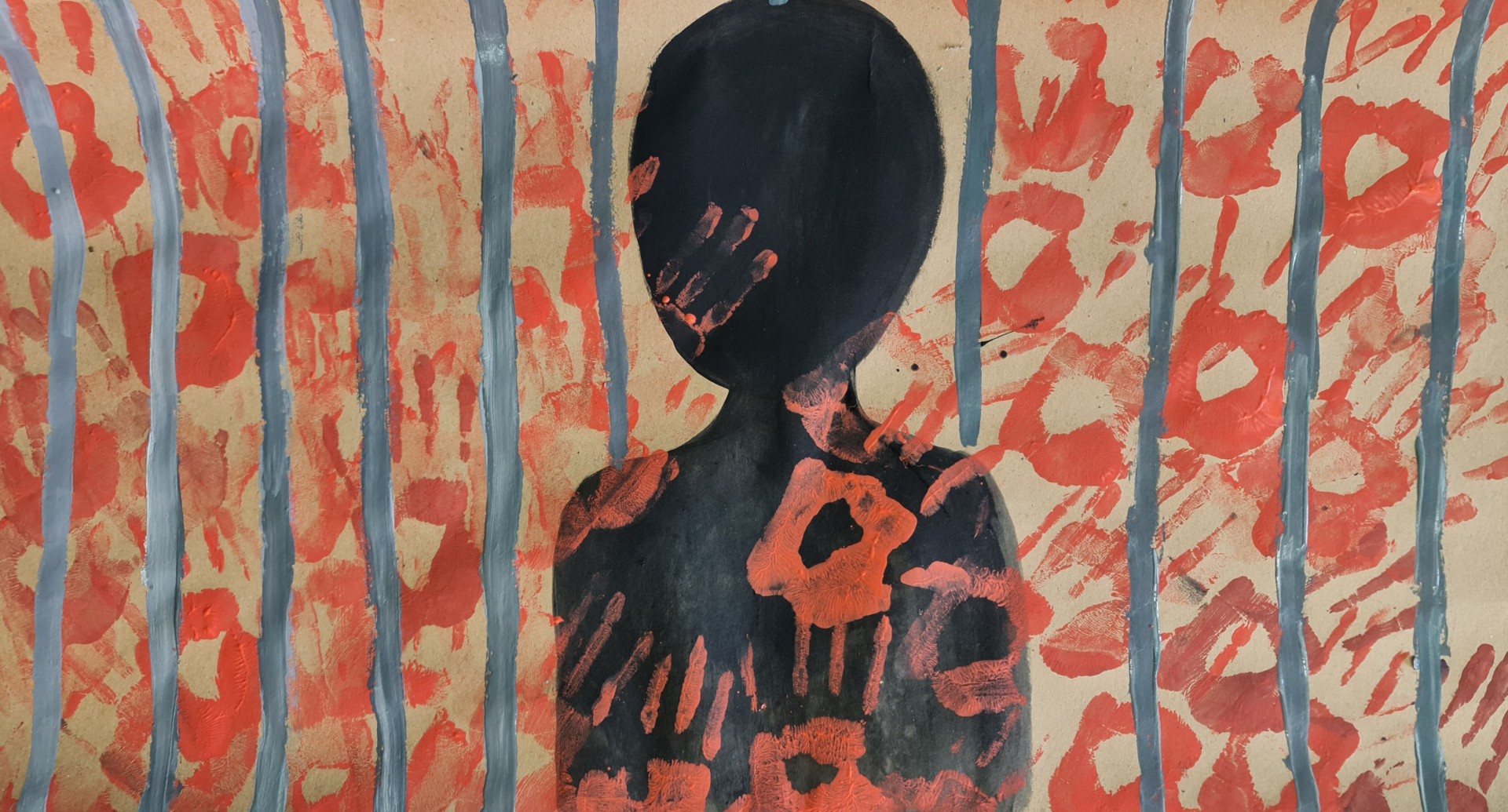 Pintura: figura humana oscura sobre fondo blanco, mirando barrotes azules tras los cuales hay figuras en color rojo.