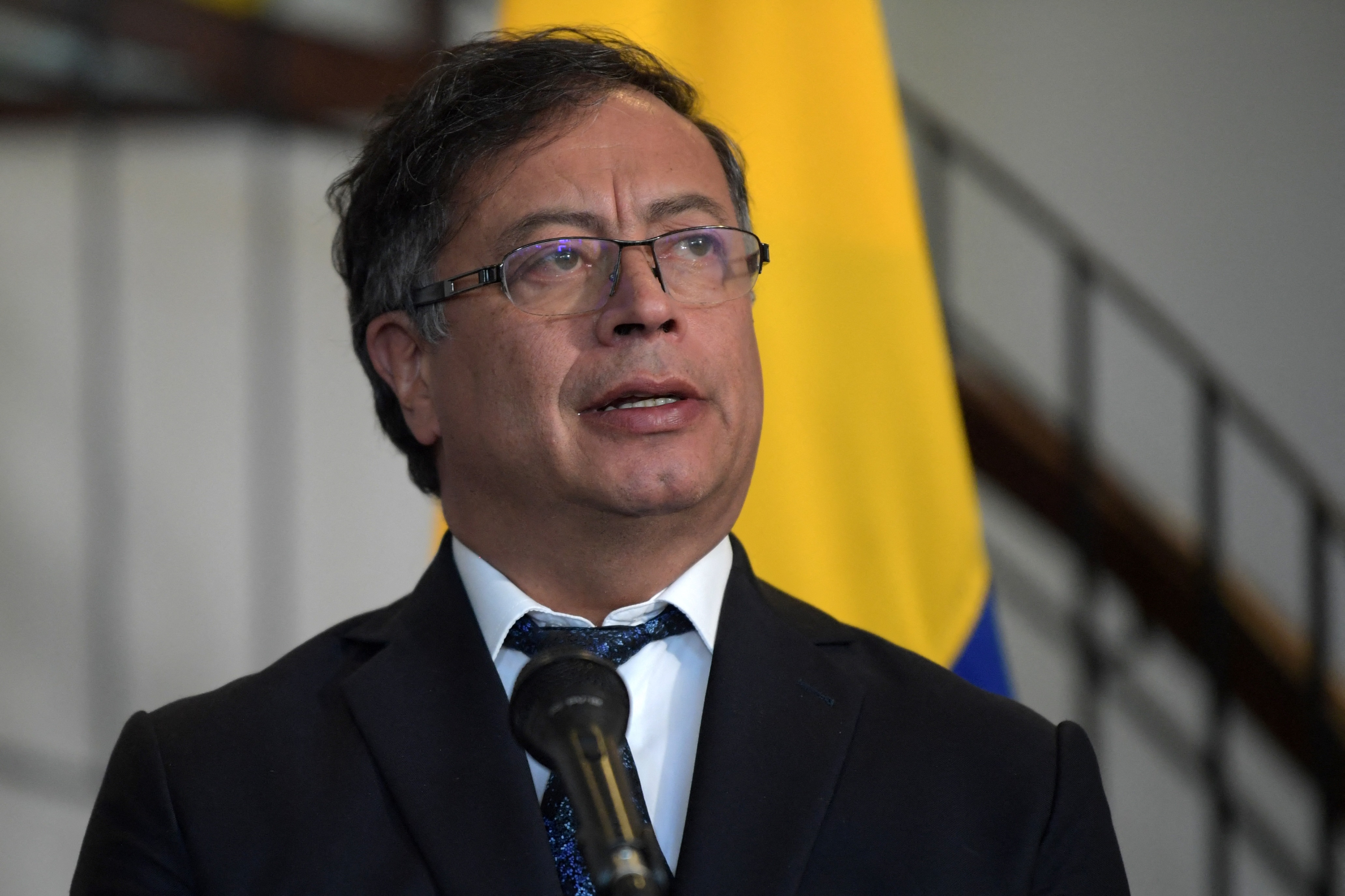 Colombia's President-elect Gustavo Petro (R) speaks during a press conference next to US Deputy National Security Advisor member of the US delegation, Jonathan Finer (out of frame) at the end of an official meeting in Bogota on July 22, 2022. (Photo by Raul ARBOLEDA / AFP)