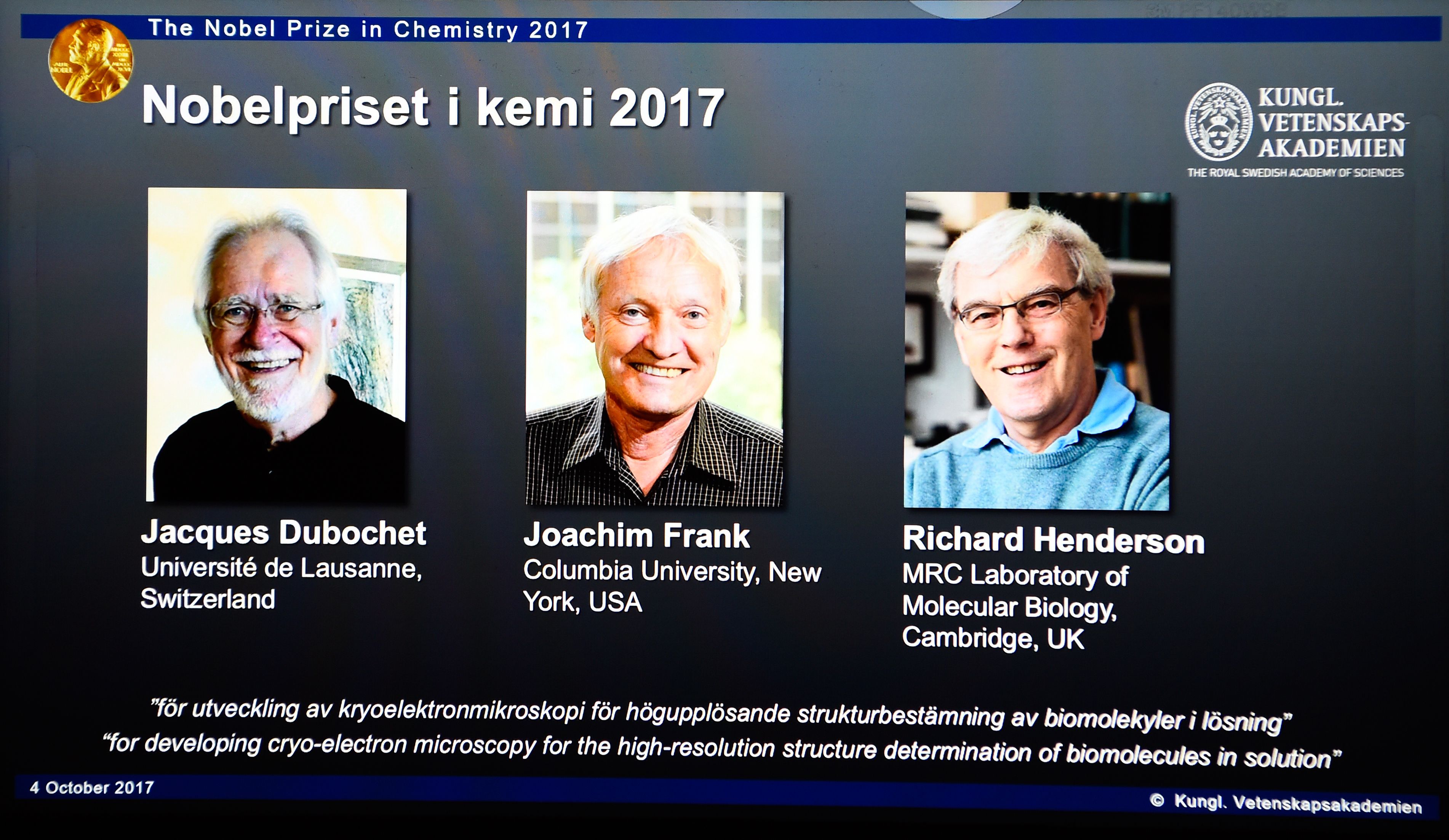 La Academia Sueca de Ciencias anunció este miércoles los ganadores del Premio Nobel de Química.