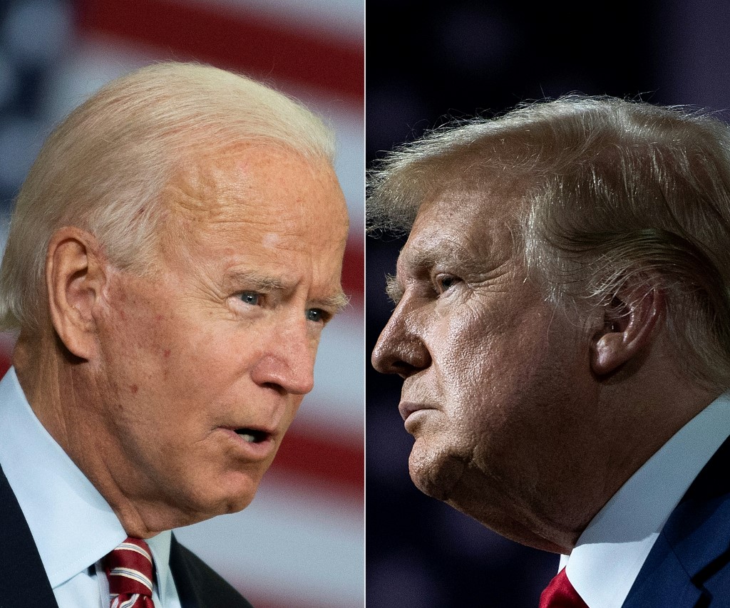 (FILES)(COMBO) This combination of file pictures created on September 28, 2020 shows Democratic presidential candidate Joe Biden(L) speaking in Tampa, Florida on September 15, 2020 and US President Donald Trump speaking during an event for black supporters at the Cobb Galleria Centre September 25, 2020, in Atlanta, Georgia. - One US presidential candidate wants to raise taxes, the other lower them. One will pursue an ongoing trade war, the other may throttle back tensions. And neither will get much done without Congress's approval. The proposed economic policies of President Donald Trump and Democratic challenger Joe Biden offer starkly different views of the world's largest economy and its global role, ahead of the tense November 3 election. (Photos by JIM WATSON and Brendan Smialowski / AFP)