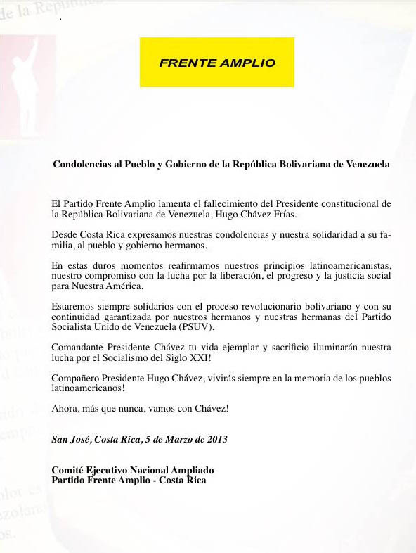 Copia de la carta enviada por Frente Amplio el mismo día en que murió el presidente Hugo Chávez. | PABLO MONTIEL