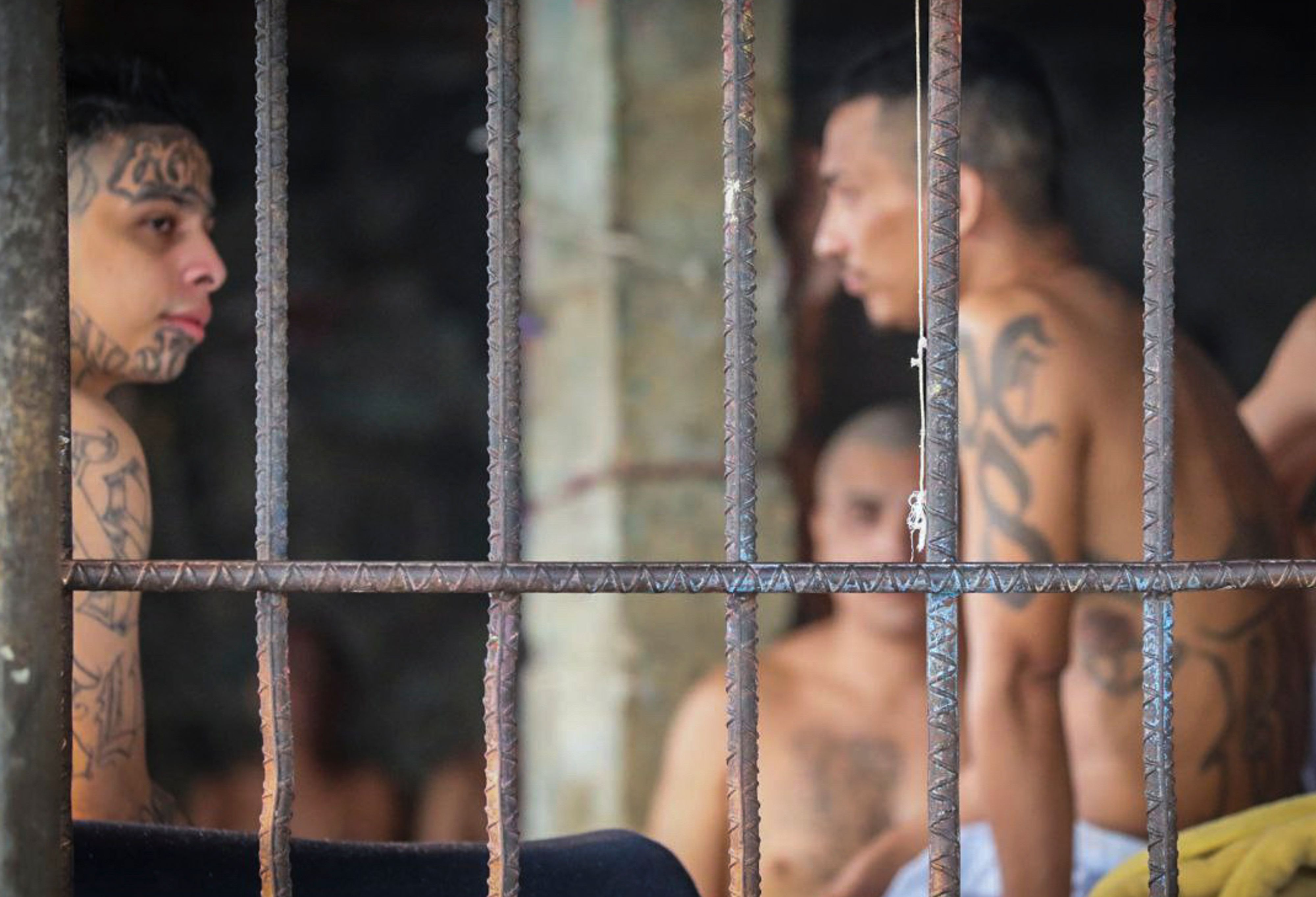 Handout picture released on April 26, 2020 by El Salvador's Presidency press office showing inmates at the Izalco prison, northwest of San Salvador, during a security operation within the COVID-19 coronavirus pandemic, after President Nayib Bukele decreed a maximum emergency in all penitentiary centers housing gang members. - Bukele ordered the director general of Penitentiary Centers, Osiris Luna Meza, to decree a maximum emergency, following intelligence reports detailing that the recent increase in homicides in the country was registered by orders issued from prisons. (Photo by El salvador Presidency press office / EL SALVADOR'S PRESIDENCY PRESS OFFICE / AFP) / RESTRICTED TO EDITORIAL USE - MANDATORY CREDIT "AFP PHOTO / EL SALVADOR'S PRESIDENCY PRESS OFFICE " - NO MARKETING - NO ADVERTISING CAMPAIGNS - DISTRIBUTED AS A SERVICE TO CLIENTS