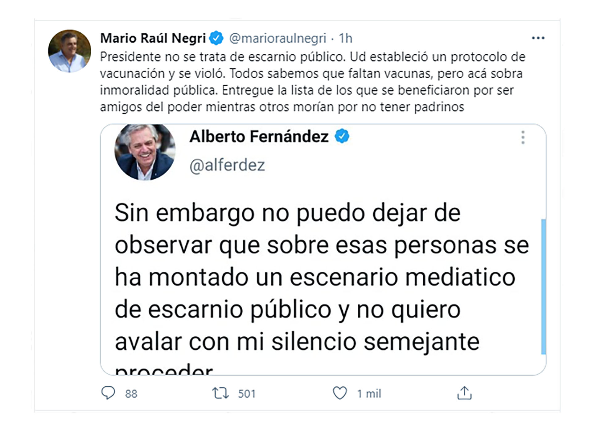 Mario Negri, jefe del interbloque de Juntos por el Cambio en Diputados cuestionó a Alberto Fernández.