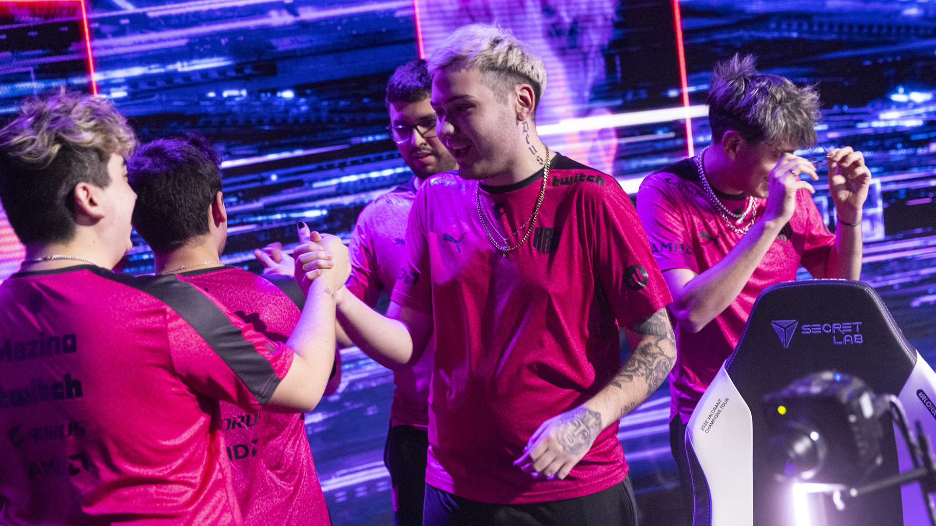 COPENHAGEN, DENMARK - JULY 10: KRU Esports reacts after a victory match at the VALORANT Champions Tour: Stage 2 Masters Group Stage on July 10, 2022 in Copenhagen, Denmark. (Photo by Colin Young-Wolff/Riot Games)