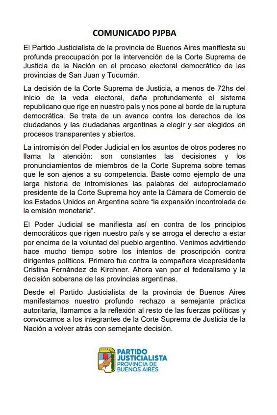 El comunicado del PJ de la provincia de Buenos Aires