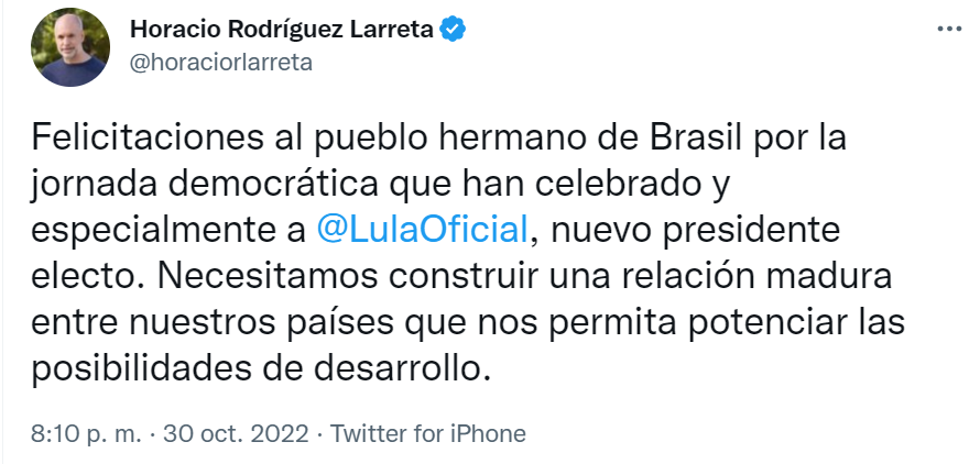 De la oposición, Horacio Rodríguez Larreta fue uno de los que se expresó sobre la victoria de Lula
