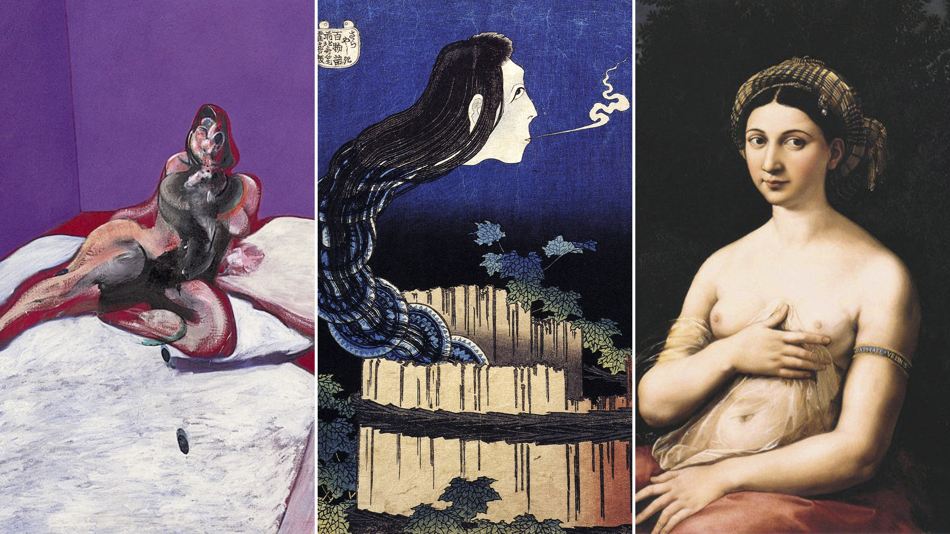 Henrietta Moraes, por Bacon; "Okiku", de Hokusai y Margherita Litu, "La fornarina", por Rafael
