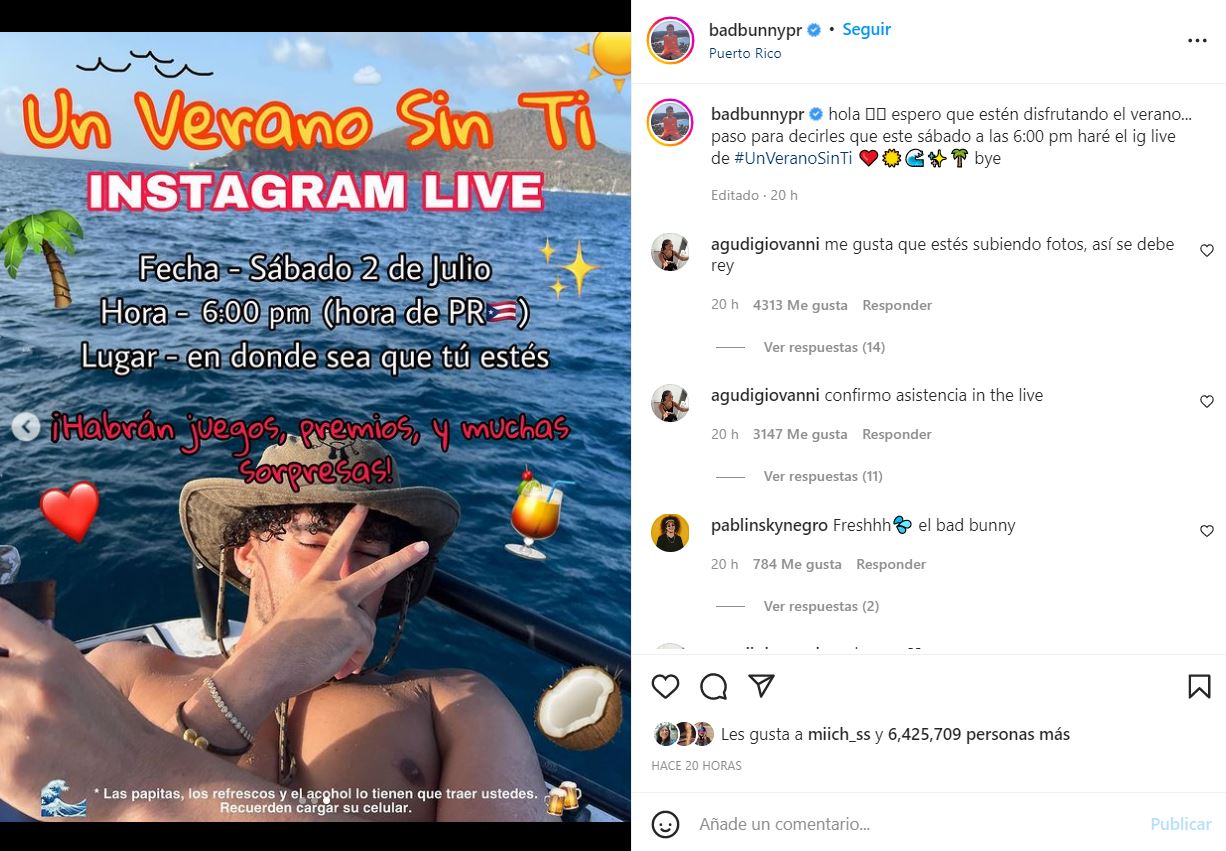 Bastaron tan solo unas horas para que la publicación rebasara los 6 millones de "me gusta". (Captura Instagram: @badbunnypr)