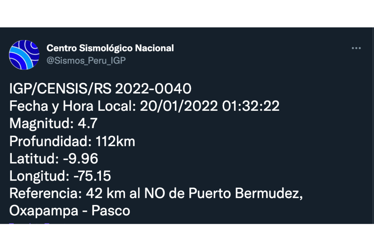 Pasco: Temblor de 4.7 se registró esta madrugada, según el IGP