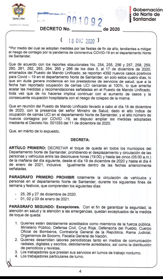 Decreto 1092 de la Gobernación de Norte de Santander para determinar toque de queda parcial y total en el departamento / (Gobernación de Norte de Santander).