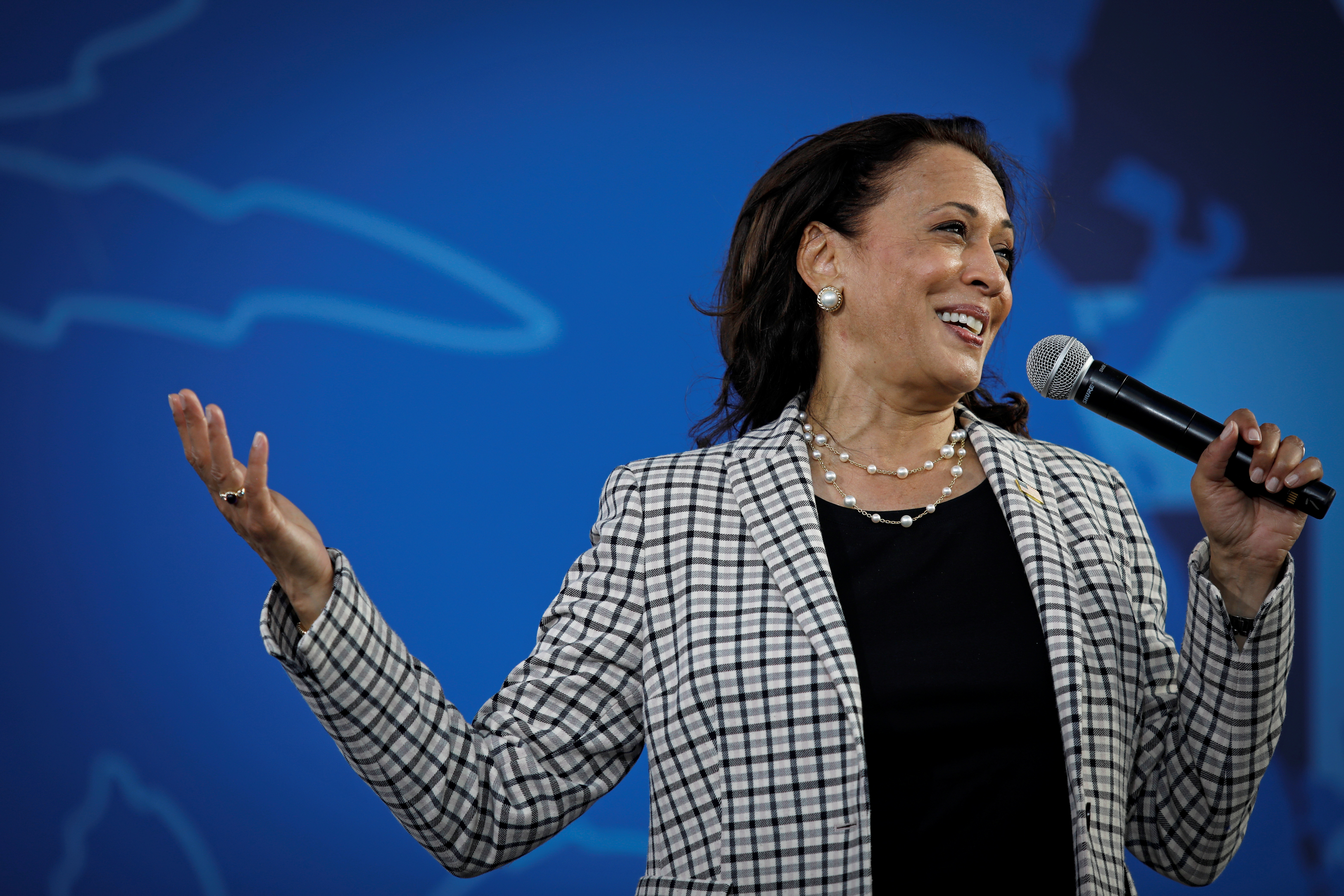 U.S. Democratic vice presidential nominee Senator Kamala Harris speaks during a campaign drive-in rally at Palm Beach State College in West Palm Beach, Florida, U.S., October 31, 2020. REUTERS/Marco Bello