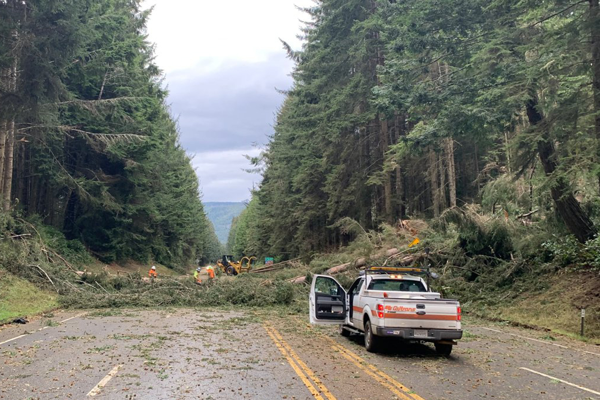 In this photo released by Caltrans District 1, crews remove multiple downed trees that intersect the 101 Freeway in Humboldt County, near Trinidad, Calif., on Jan. 4, 2023. (Caltrans District 1 via AP)