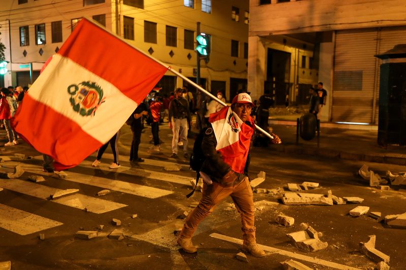 A demonstrator carries the flag of Peru during a protest demanding the dissolution of Congress and the holding of democratic elections instead of recognizing Dina Boluarte as Peru's president, following the ouster of Peruvian leader Pedro Castillo, in Lima, Peru, on 11 February December 2022. REUTERS/Sebastian Castaneda