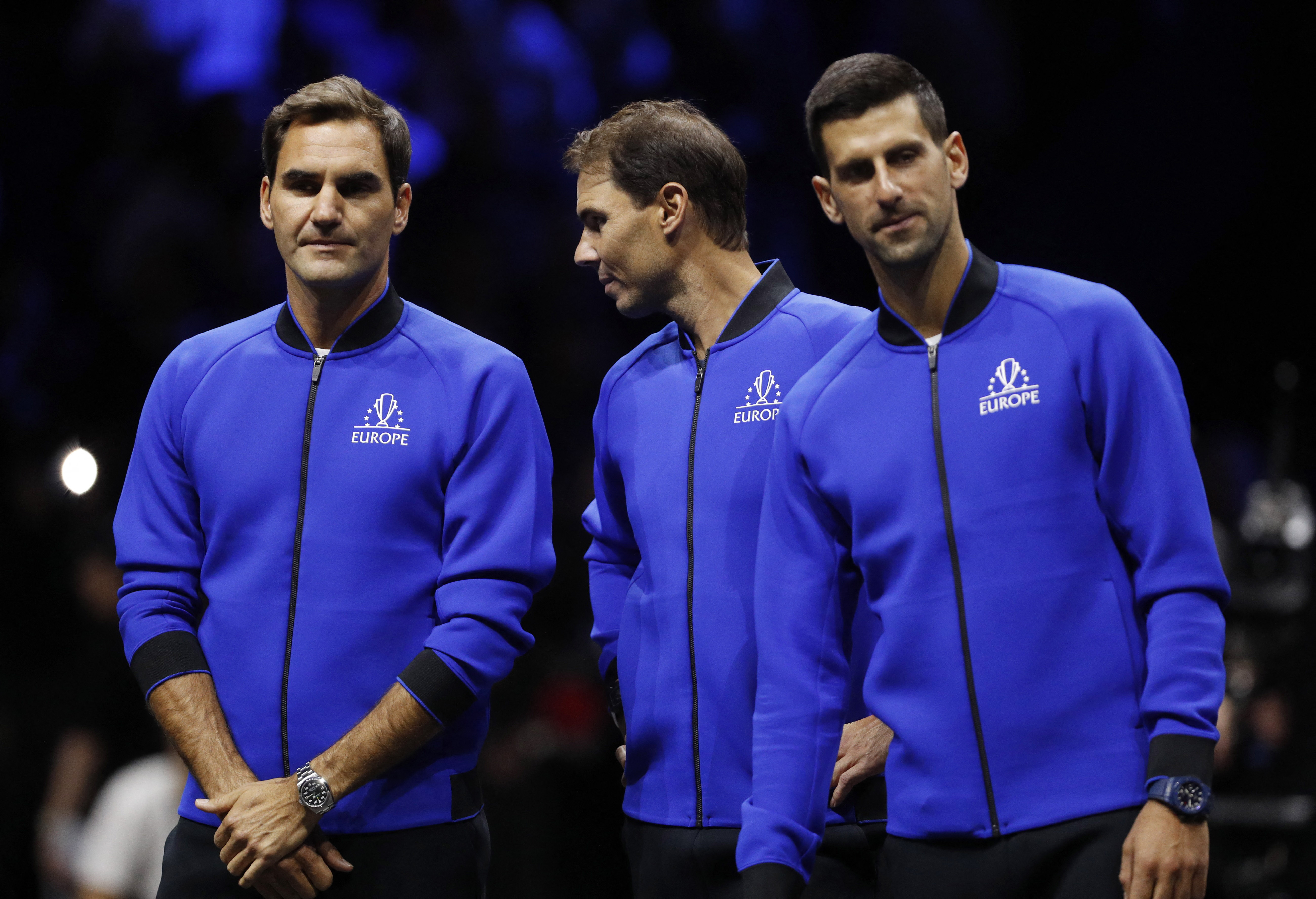 Roger Federer junto a Rafael Nadal y Novak Djokovic en el arranque de la Laver Cup (Foto: Reuters)