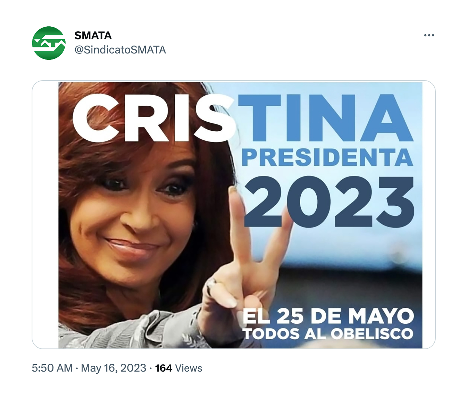 La última publicación de SMATA, invitando al acto del 25 de mayo en donde piden por la candidatura de Cristina Kirchner