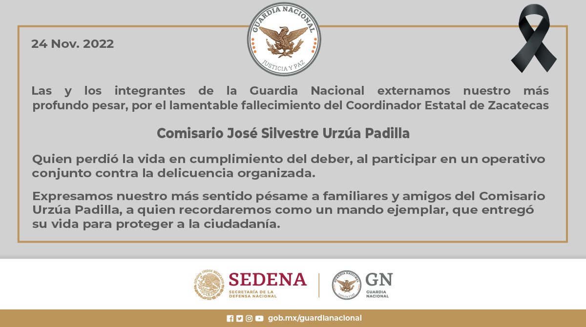 La Guardia Nacional lamentó el asesinato del coordinador Urzúa Padilla en Zacatecas. (Twitter @GN_MEXICO_)