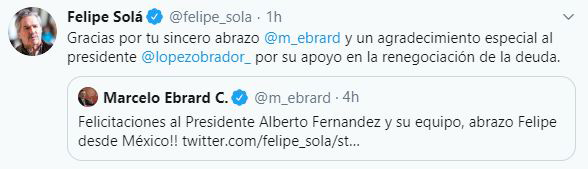 Felipe Solá, a través de su cuenta de Twitter, agradeció al presidente de México, Andrés Manuel López Obrador, por las gestiones que hizo a favor de la Argentina