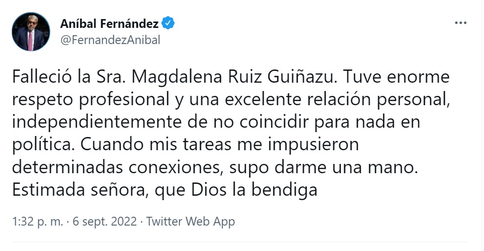 Aníbal Fernández expresó su congoja en Twitter