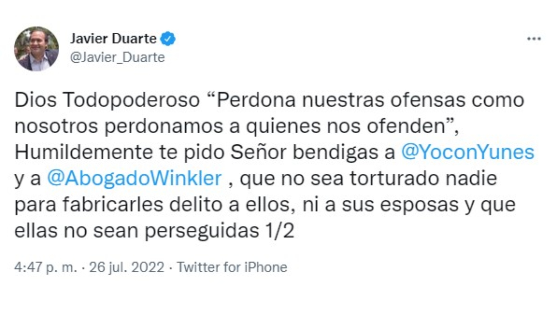 Javier Duarte elevó sus plegarias para Yunes Linares y Winckler. (Captura:  Twitter/@Javier_Duarte)
