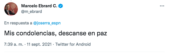El canciller de México muestra sus condolencias a José Ramón Fernández. Foto: Twitter @m_ebrard