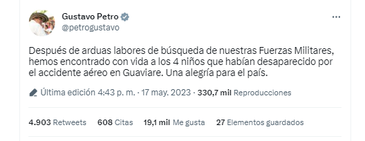 El presidente de la República confirmó el rescate de los cuatro menores que sobrevivieron al accidente en Guaviare.
Twitter (@petrogustavo)