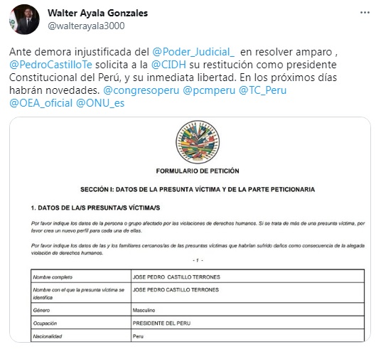 Anuncio de la defensa legal de Pedro Castillo de recurrir a la CIDH.