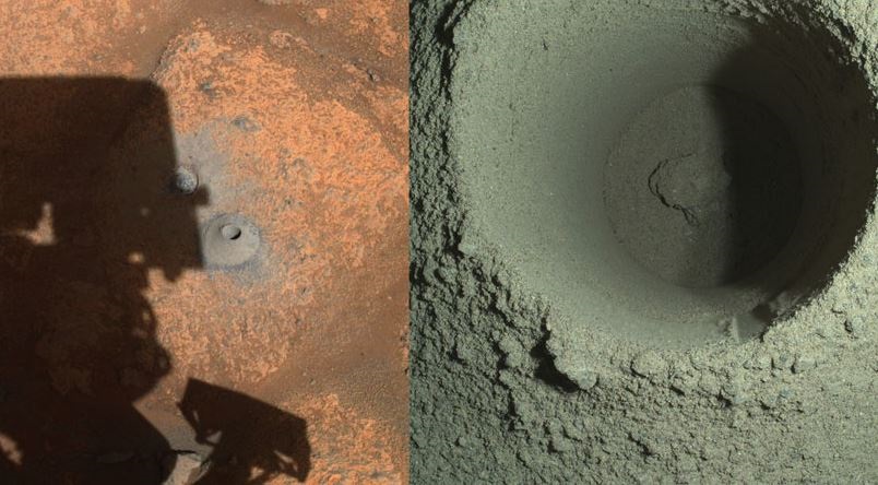 12-08-2021 El agujero de perforación del primer intento de recolección de muestras de Perseverance se puede ver, junto con la sombra del rover, en la imagen de la izquierda tomada por una de las cámaras de navegación del rover.
POLITICA INVESTIGACIÓN Y TECNOLOGÍA
NASA/JPL-CALTECH/MSSS.
