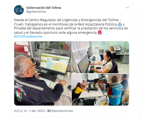 Desde la Gobernación de Tolima advirtieron que están en constante monitoreo de la red hospitalaria. Twitter.