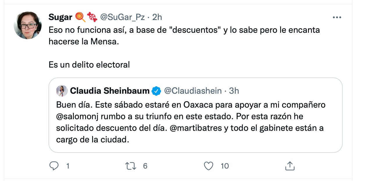 Critican a Claudia Sheinbaum por viajar a Oaxaca para “continuar en campaña” (Foto: Twitter)