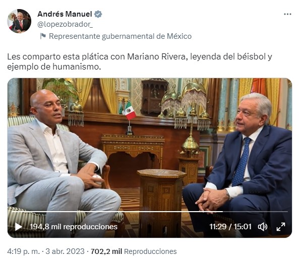 El presidente recibió en su oficina en Palacio Nacional a Mariano Rivera, una de las leyendas del beisbol de las Grandes Ligas, aunque no fueron a "macanear". (FOTO: Twitter@lopezobrador_)