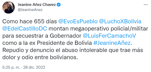 Tuit de Jeanine Añez tras la detención de Luis Fernando Camacho